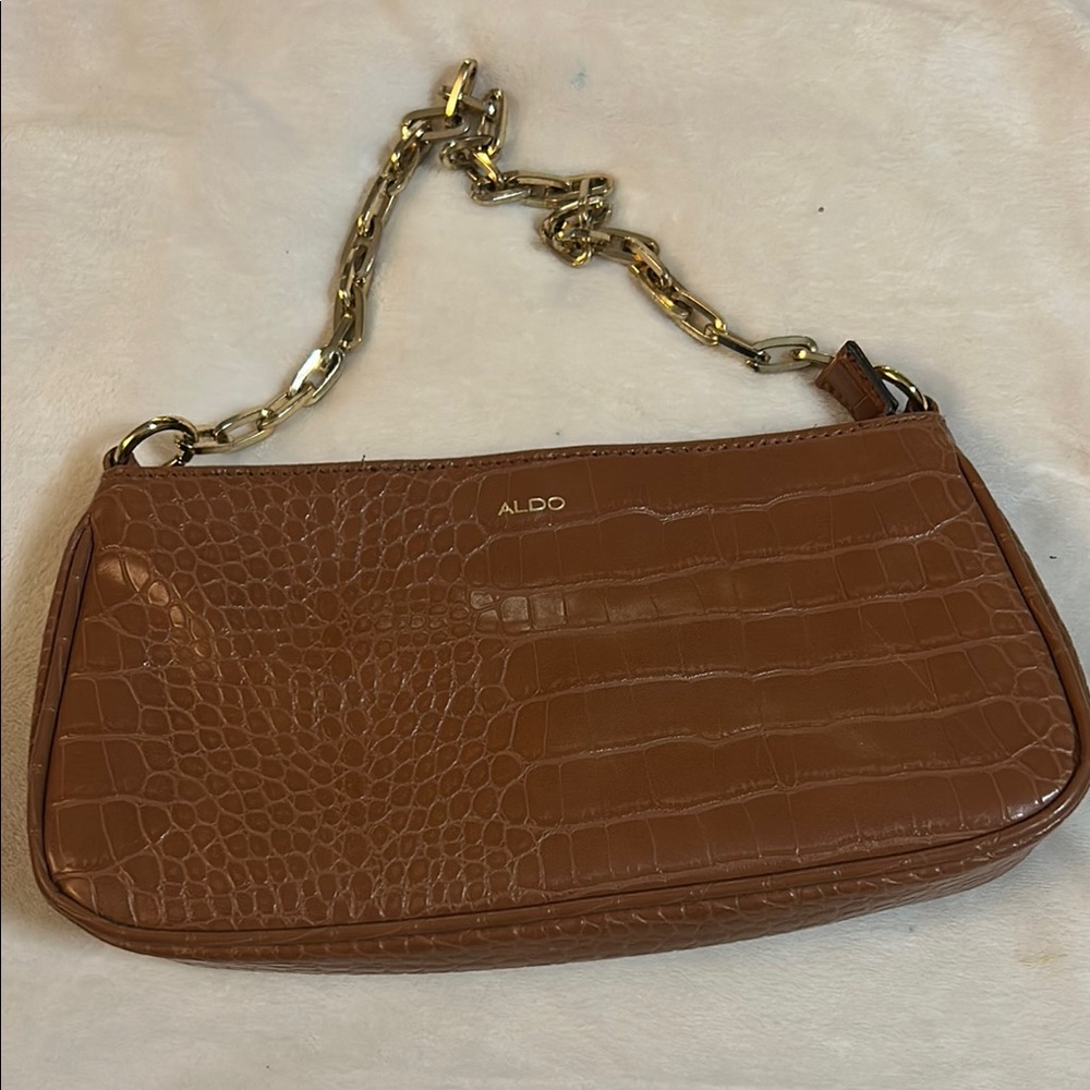 Aldo Brown and Gold Croc Embossed Shoulder Bag - Picture 3 of 11